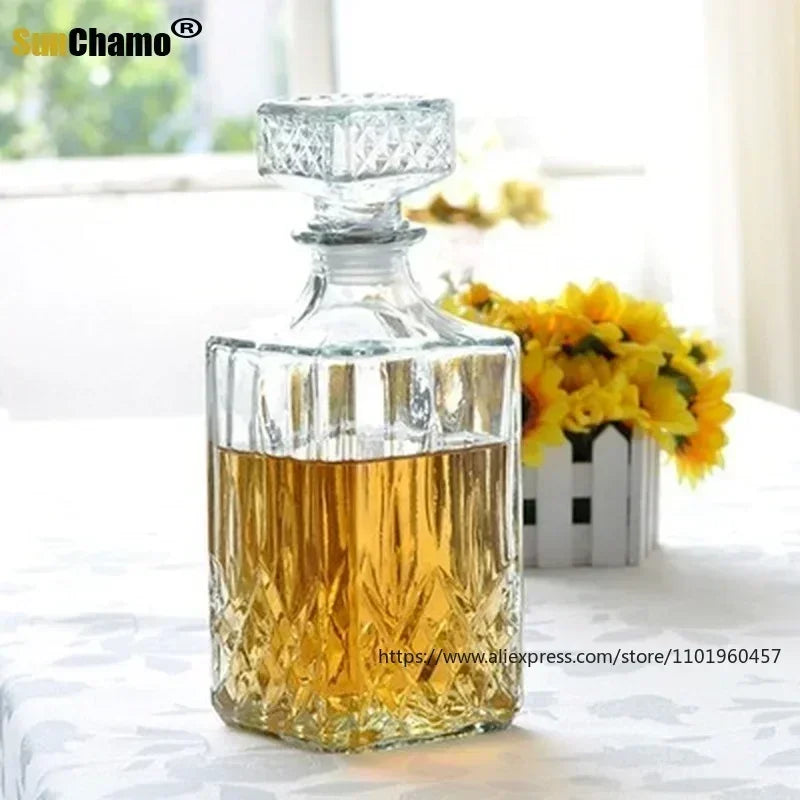 1PC 9x24cm Hot Sale Luxury Lead Free Square Wine Bottle Whiskey Glass Lot Decanter Alcohol Container Pourer Carafe 1000ML Decore