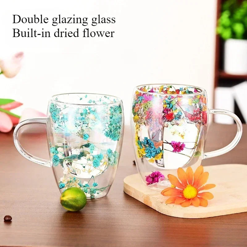 350ml Creative Double High borosilicate Glass Mugs with Handle Heat insulation Flower Milk Coffee Cups Home Water Cup Supplies