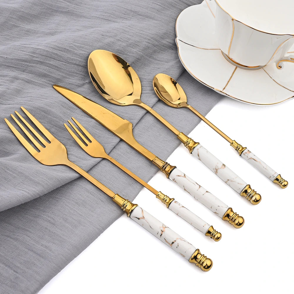 AJOYOUS 24/30Pcs Dinnerware Stainless Steel Ceramic Knife Cake Fork Tea Spoon Dinnerware Set Dinner Tableware Set Flatware