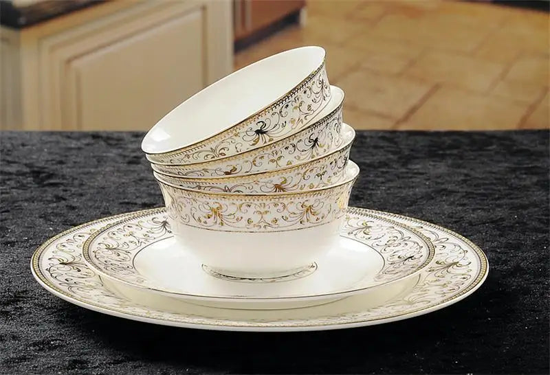 46-piece set, royal gold ware designed,  fine bone china dinnerware sets, chinese crockery set plates, porcelain dinnerware