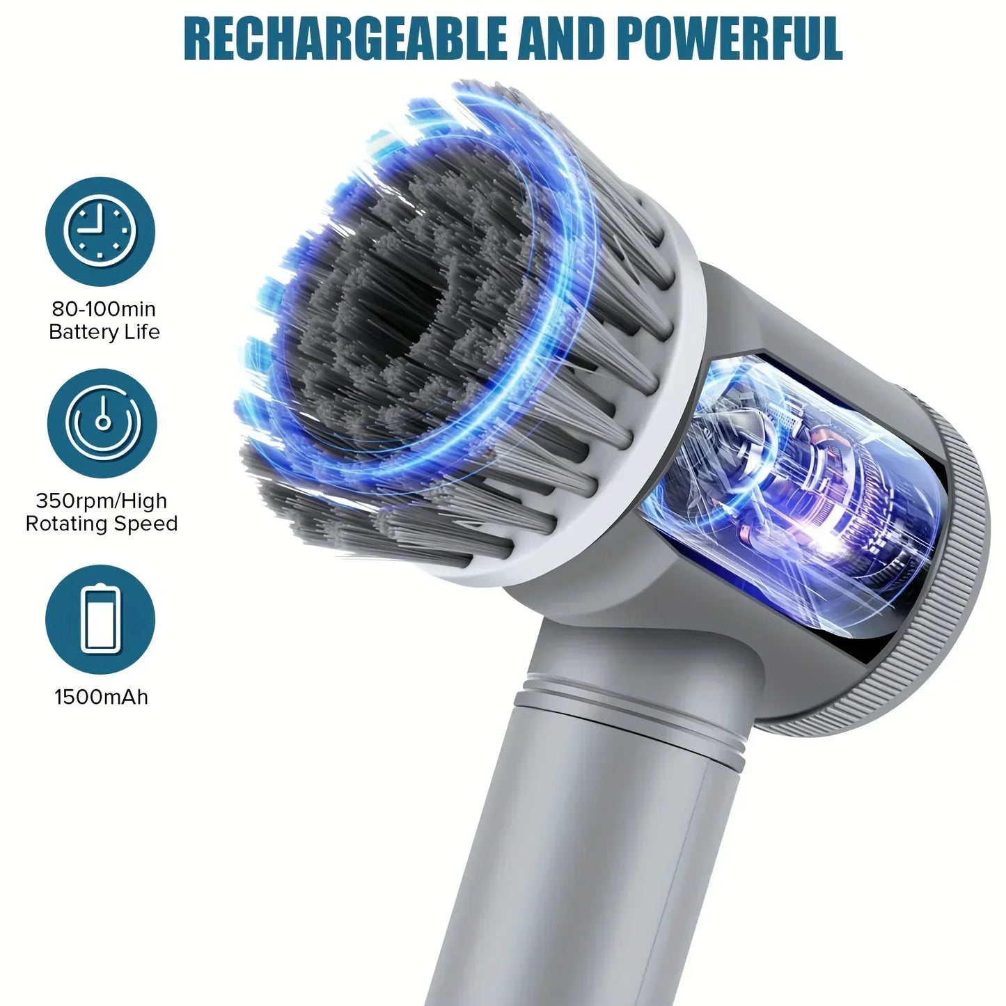 Xiaomi electric cleaning brush showing rechargeable features, battery life, and powerful rotating speed.