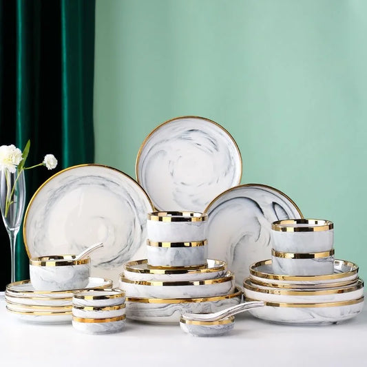 New Double-sided Gilt Rim Gray Marble Pattern Porcelain Dinner Tray Kitchen Plates Ceramic Food Dishes Rice Salad Noodles Bowl