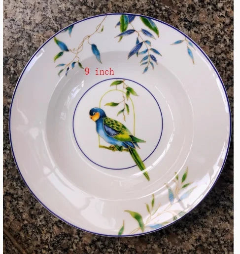 Parrot bone china tableware set, American Western dishes, household dishes, soup plates, coffee cups, European and American past