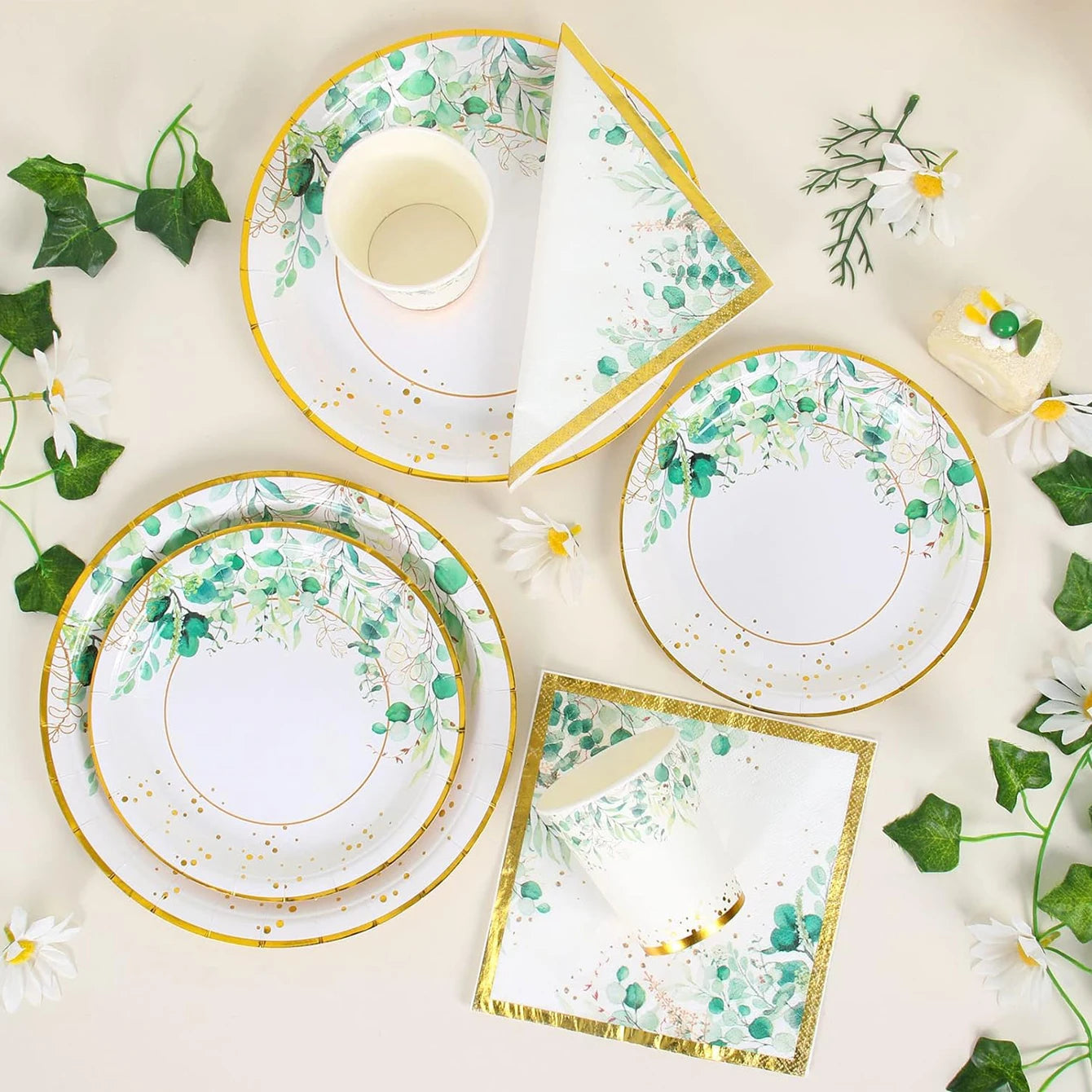 96pcs Green Party Tableware Set - Eucalyptus Paper Plates, Cups, Napkins for 24 Guests, Ideal for Birthday, Wedding, Home Decor