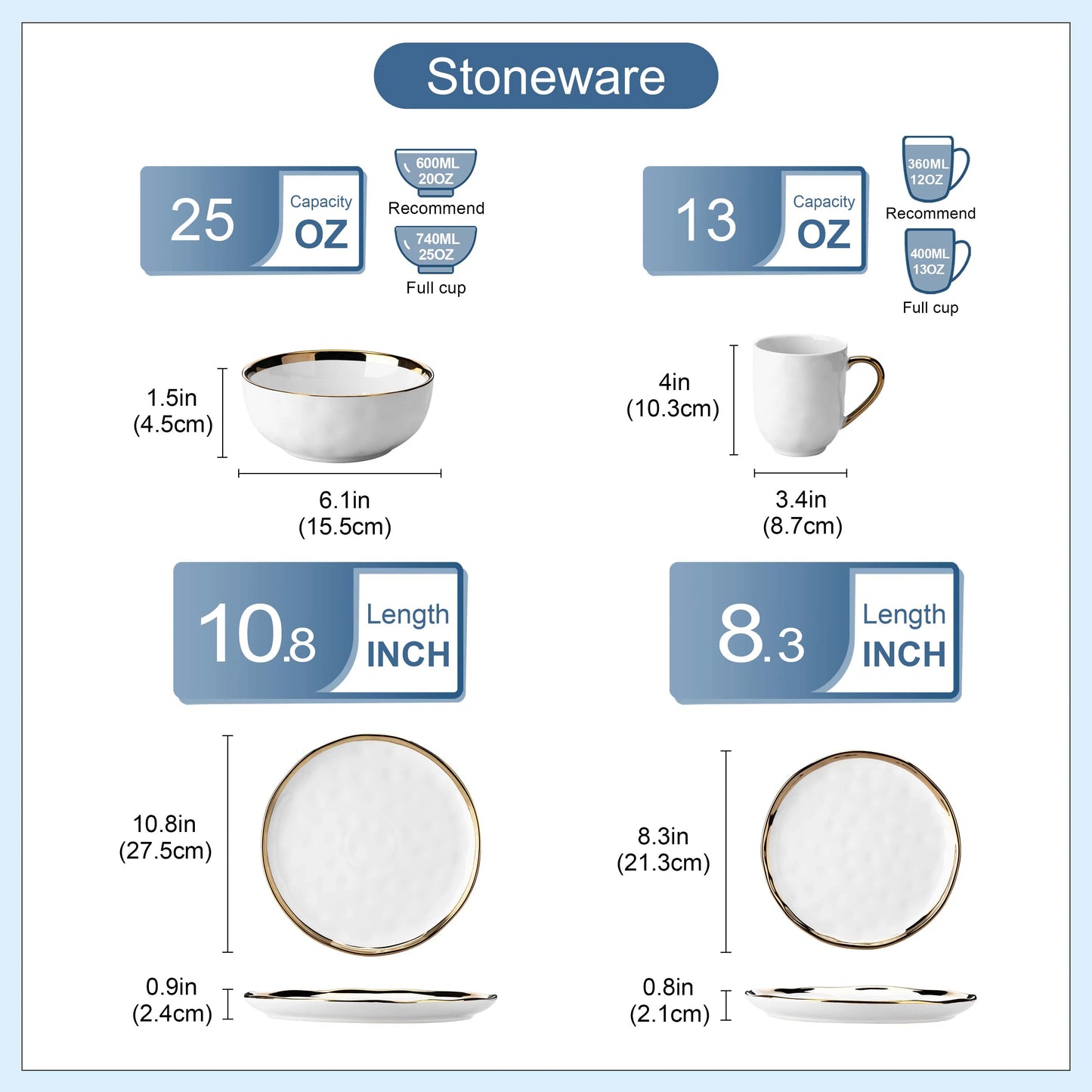 LOVECASA 16/32 Piece White Handmade Dinnerware Set with Gold Trim Stonewre Set Dinner Plate/Dessert Plate/Cup/Bowl Tableware Set