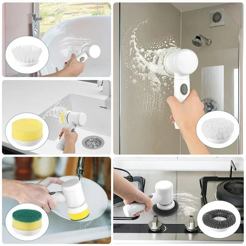 Xiaomi 5-in-1 electric cleaning brush in action, showcasing various cleaning heads for home use in kitchen and bathroom.