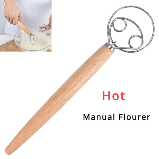 Cake Tools Danish Dough Whisk Stainless Steel Dutch Bread Dough Hand Mixer Wooden Handle Kitchen Baking Tools Artisian Blender