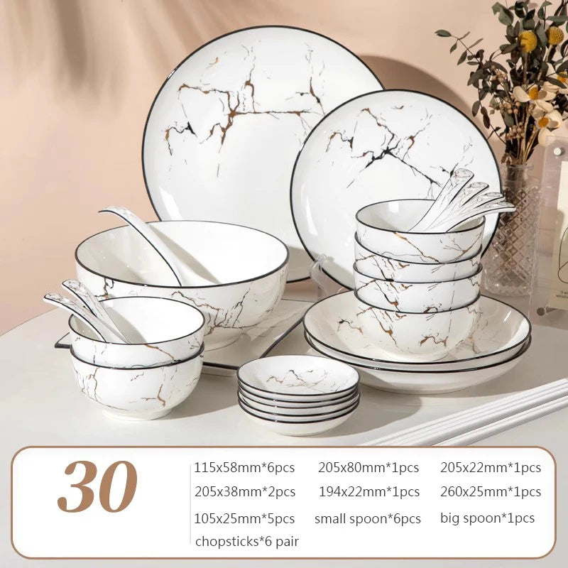 Black Border Ceramic Dishes and Plates Sets, Creative Marble Dinner Plate, Nordic Round Dessert Dishes, Household Tableware