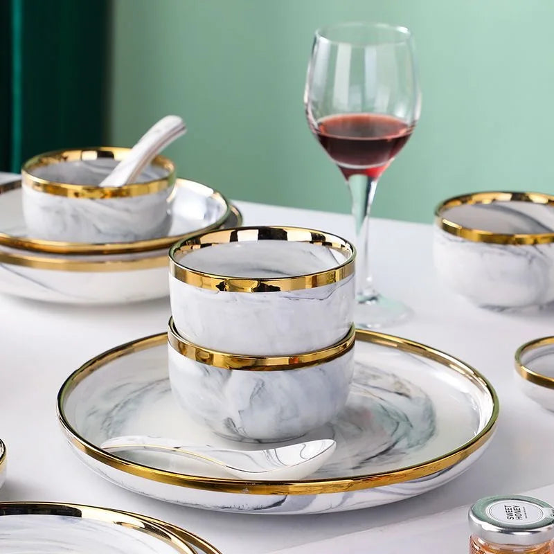New Double-sided Gilt Rim Gray Marble Pattern Porcelain Dinner Tray Kitchen Plates Ceramic Food Dishes Rice Salad Noodles Bowl