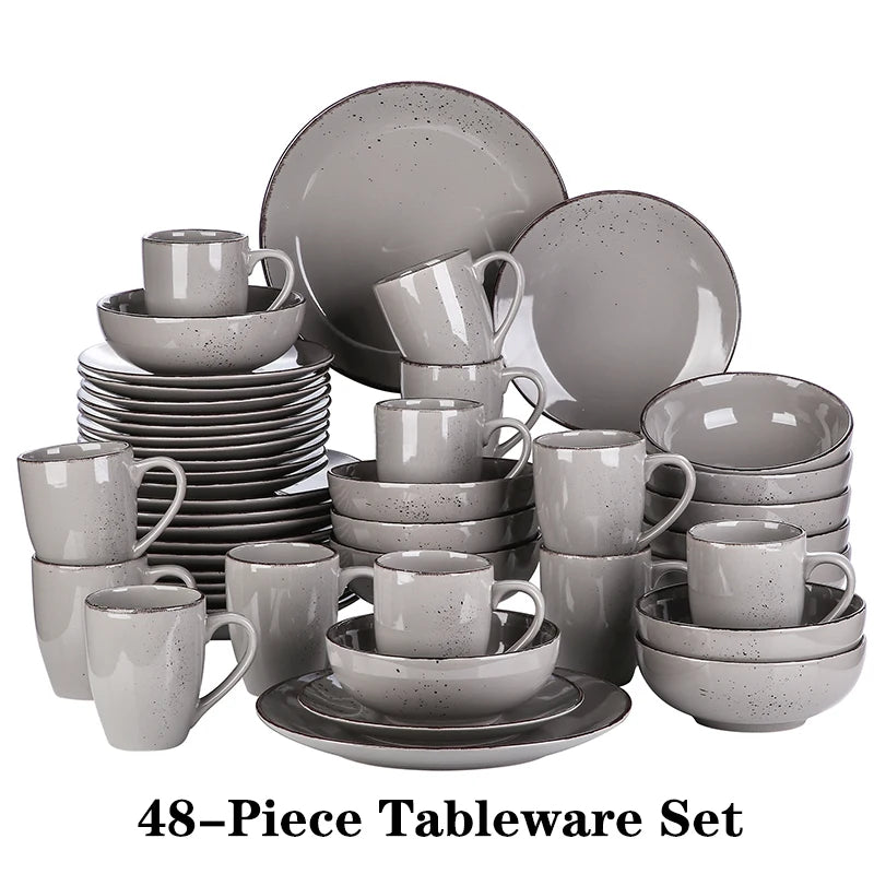 vancasso Grey 16/32/48-Piece Ceramic Stoneware Dinnerware Set with Dinner Plate,Dessert Plate,800ml Bowl,Mug Tableware Set