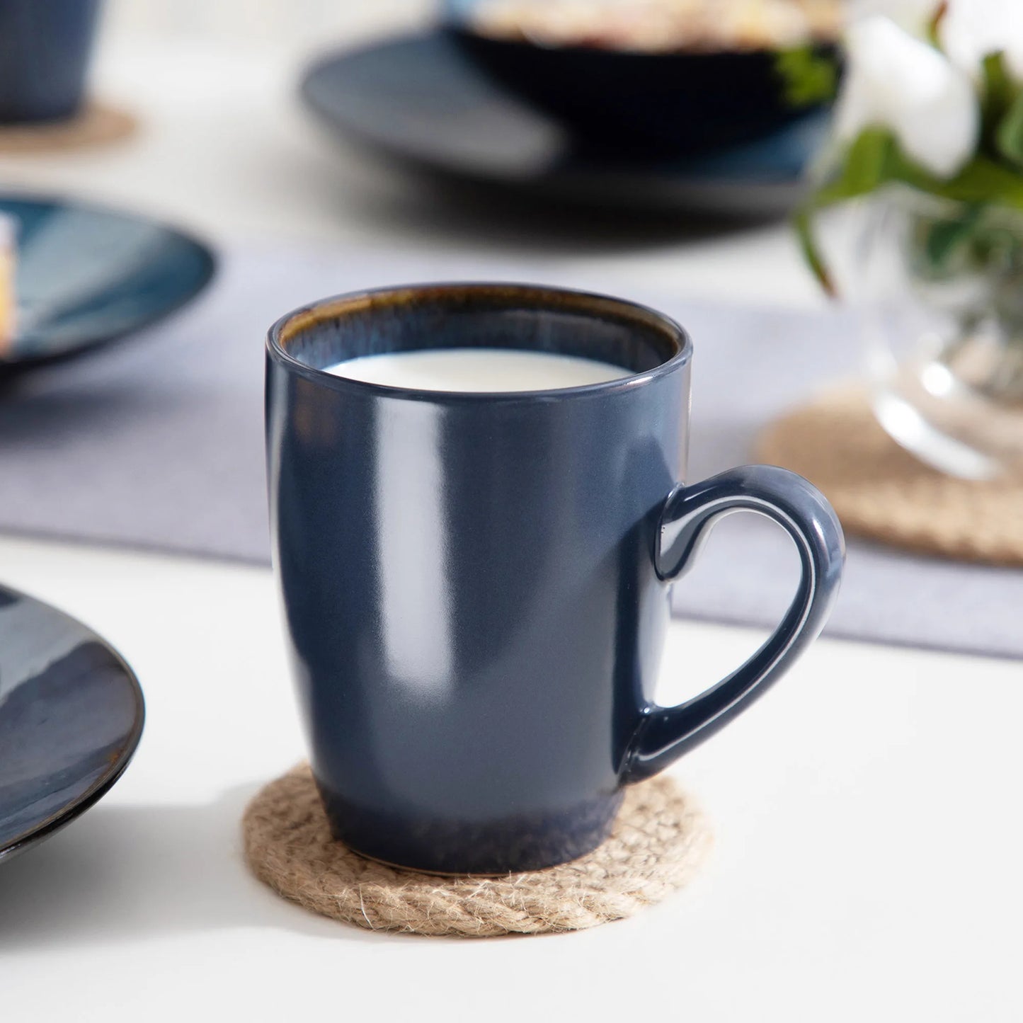 Vintage Ceramic Blue/Brown Stoneware Set with Dinner&Dessert Plate,Bowl,Coffee Cups