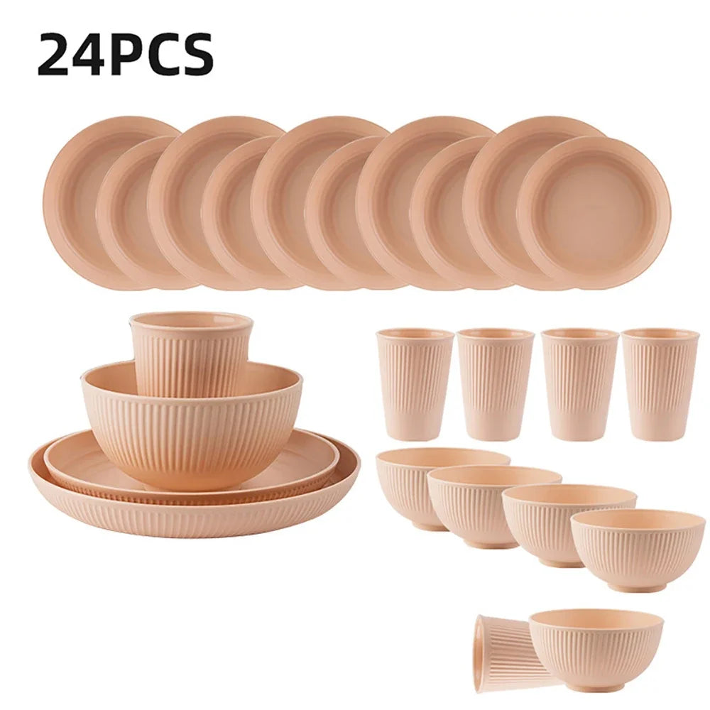 24Pcs/Set Black Unbreakable Dinner Plates Cup Wheat Straw Dinnerware Sets Microwave Dishwasher Safe Reusable Tableware Set