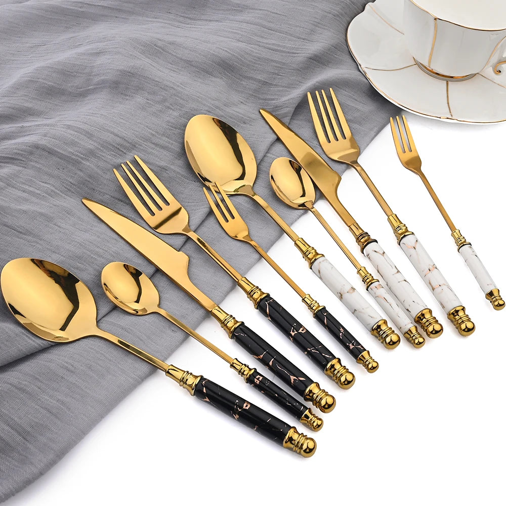 AJOYOUS 24/30Pcs Dinnerware Stainless Steel Ceramic Knife Cake Fork Tea Spoon Dinnerware Set Dinner Tableware Set Flatware