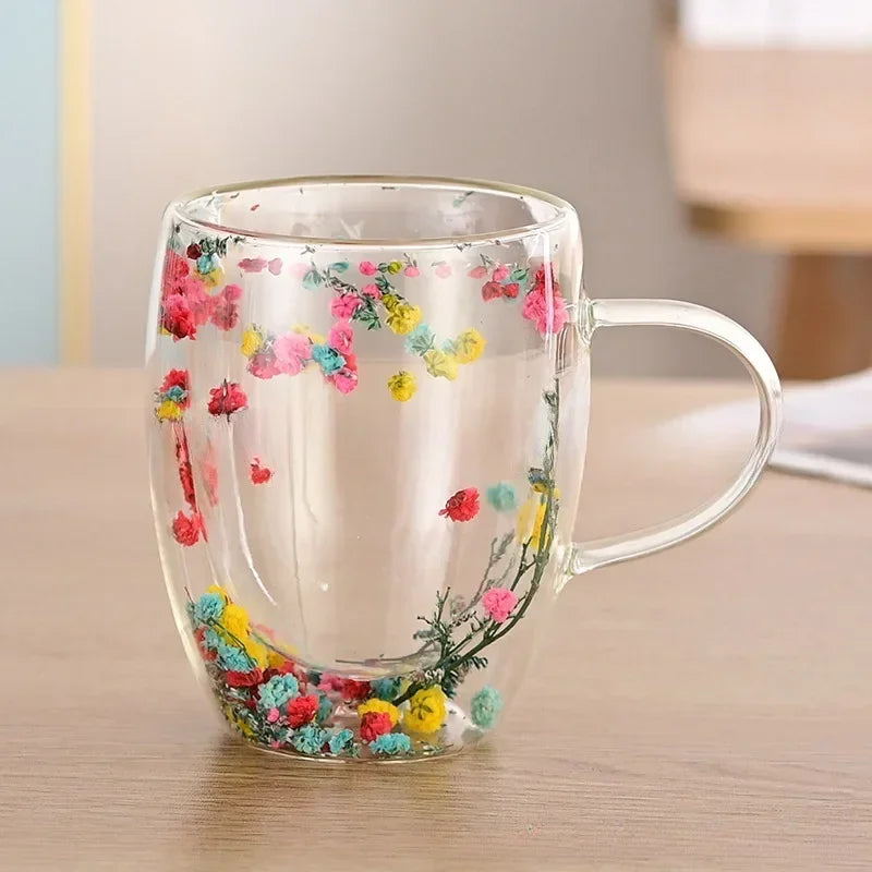 350ml Creative Double High borosilicate Glass Mugs with Handle Heat insulation Flower Milk Coffee Cups Home Water Cup Supplies