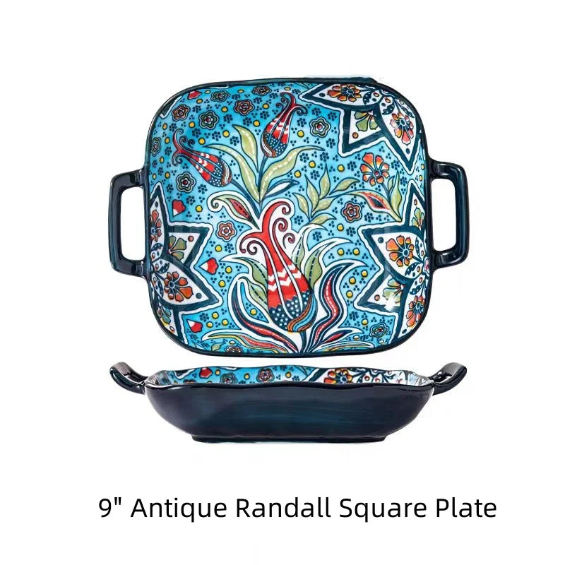Hand-painted bohemian ceramic baking dish Square with handles For pasta and desserts Suitable for oven and microwave.