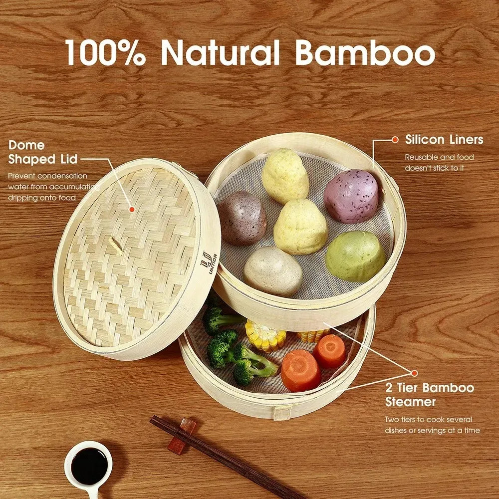 Handmade Bamboo Steamer 3 Tier & Lid Premium Bamboo Steamer Basket 100% Natural Bamboo Rolls Chicken Fish and 10 Inch Meat