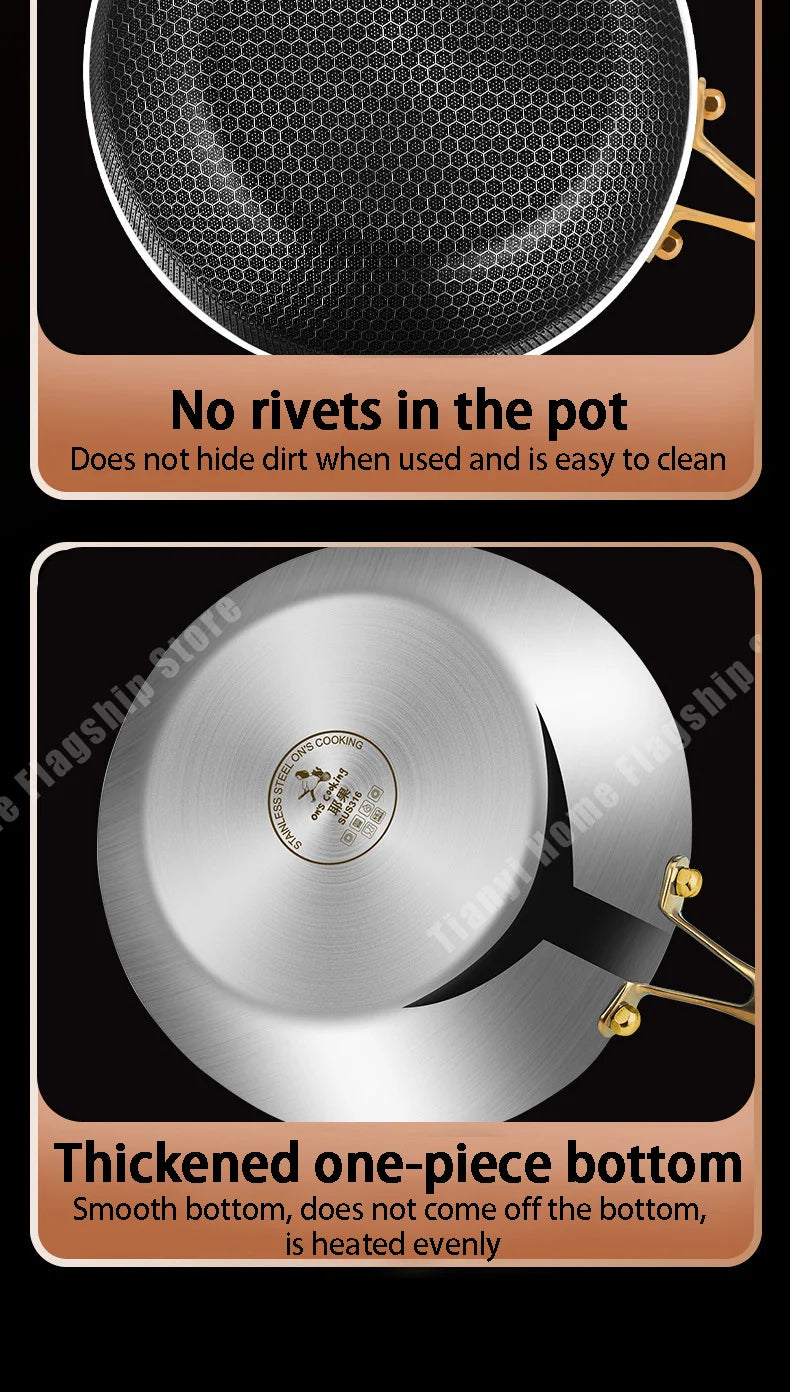 316 Stainless Steel Frying Pan Wok Non-stick Cooking