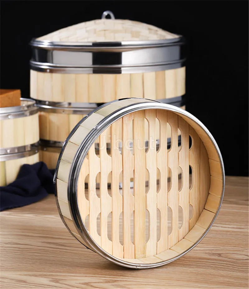 Bamboo Food Steamer basket with Stainless Steel Banding No Lid Bun Steaming Basket Dumplings DimSum Cage Cooker Kitchen Gadget