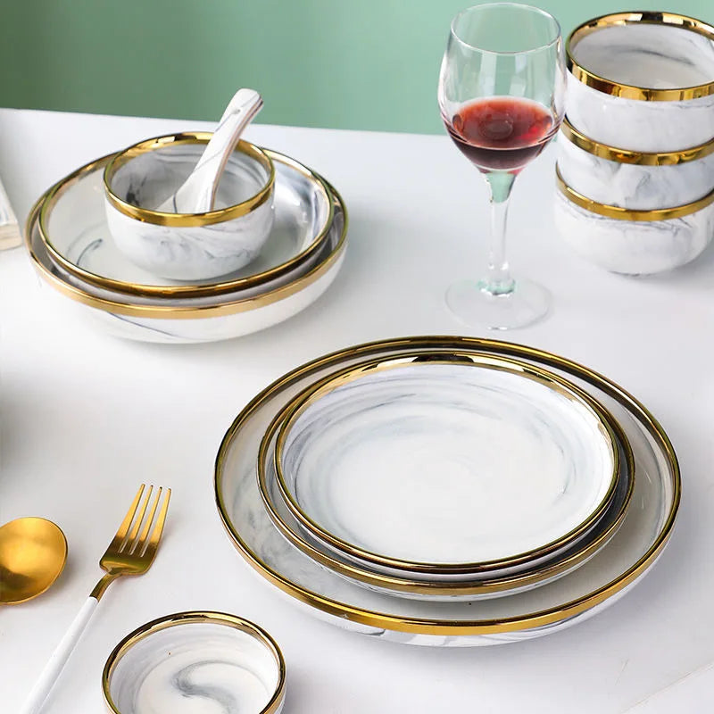 New Double-sided Gilt Rim Gray Marble Pattern Porcelain Dinner Tray Kitchen Plates Ceramic Food Dishes Rice Salad Noodles Bowl