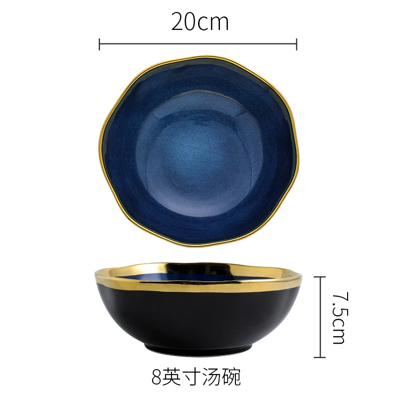 Creative Irregular Ceramic Plate Bowl Nordic Blue Glaze Irregular Golden Edge Steak Plate Main Dish Plate Household Tableware