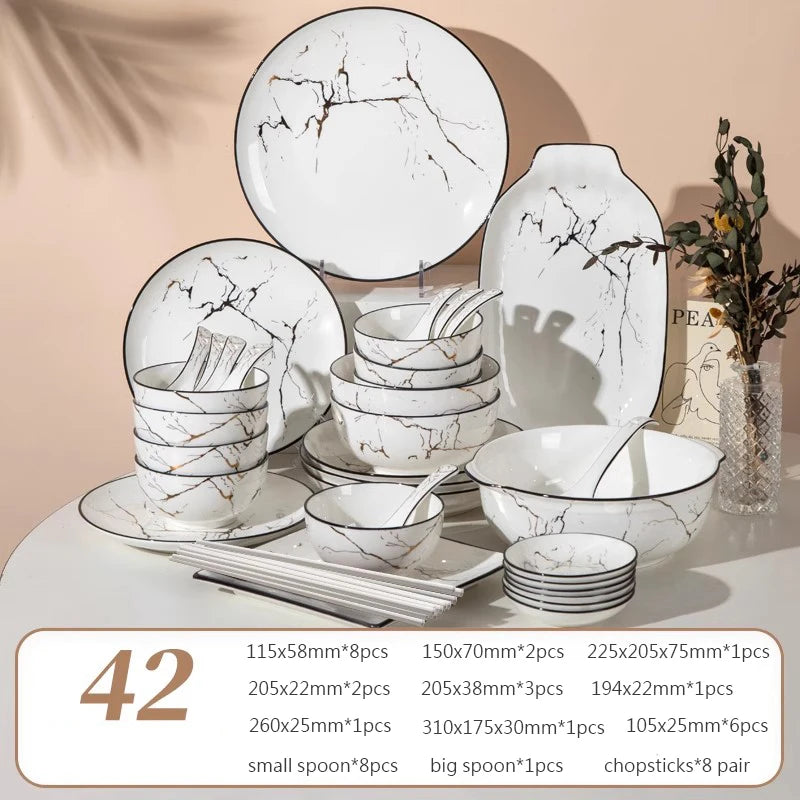 Black Border Ceramic Dishes and Plates Sets, Creative Marble Dinner Plate, Nordic Round Dessert Dishes, Household Tableware