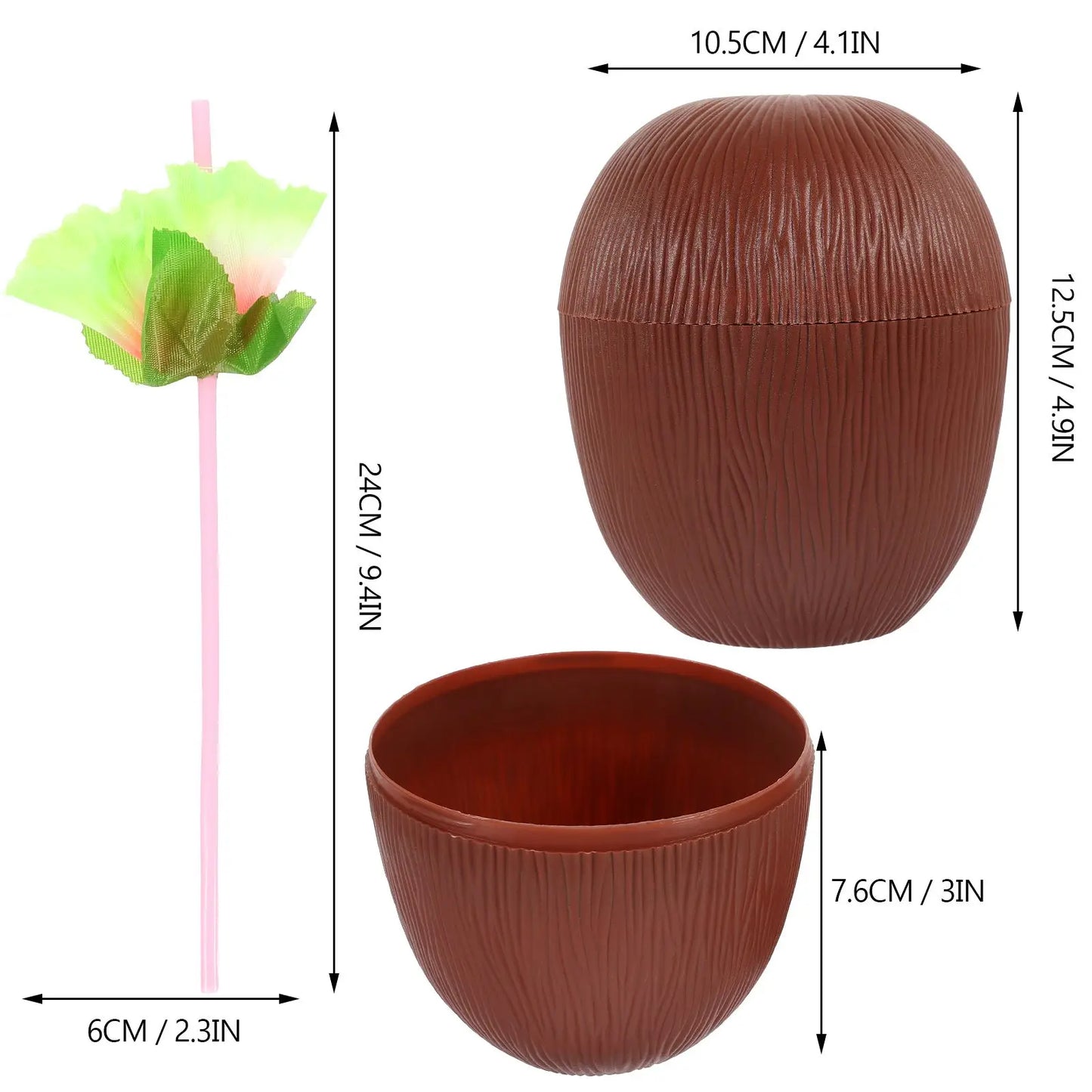 4 Pcs 500ml Coconut Shaped Cups Plastic Straws Luau Party Supplies Beach Hawaiian Event Decorations Lightweight Portable Outdoor