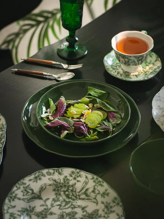 French Style Retro Green Ceramic Tableware Set Rainforest Series Dessert Plate Bowl Fish Dishes Home Cafe Afternoon Tea Mug Dish