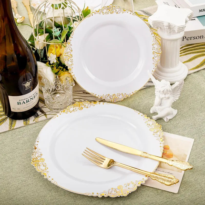 50pc Plate with Gold Beads Rim Plastic Decorative Dinner Serving Dessert plate Wedding Xmas Party Dining plates Decor