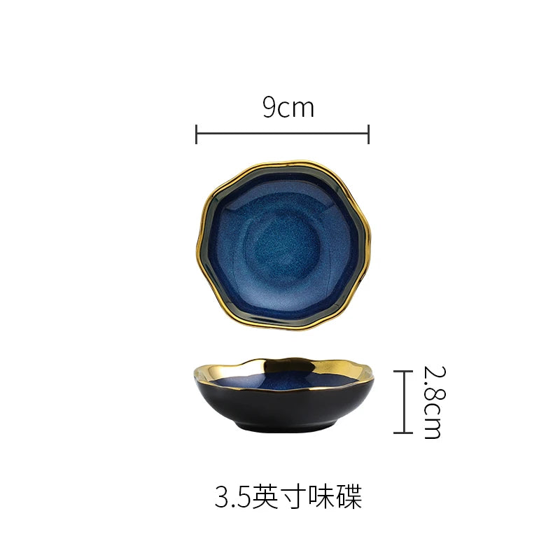 Creative Irregular Ceramic Plate Bowl Nordic Blue Glaze Irregular Golden Edge Steak Plate Main Dish Plate Household Tableware