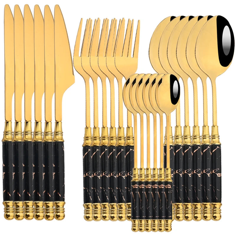 AJOYOUS 24/30Pcs Dinnerware Stainless Steel Ceramic Knife Cake Fork Tea Spoon Dinnerware Set Dinner Tableware Set Flatware