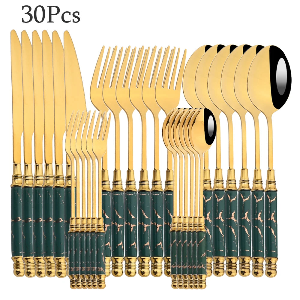 AJOYOUS 24/30Pcs Dinnerware Stainless Steel Ceramic Knife Cake Fork Tea Spoon Dinnerware Set Dinner Tableware Set Flatware