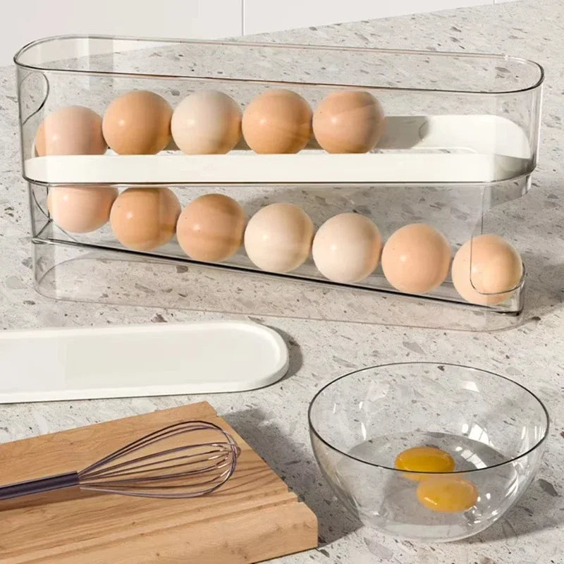 Double Layers Egg Storage Box Refrigerator Automatic Rolling Slide Egg Rack Refrigerator Side Door Freshness Box Kitchen Storage