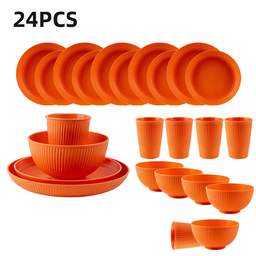 24Pcs/Set Black Unbreakable Dinner Plates Cup Wheat Straw Dinnerware Sets Microwave Dishwasher Safe Reusable Tableware Set