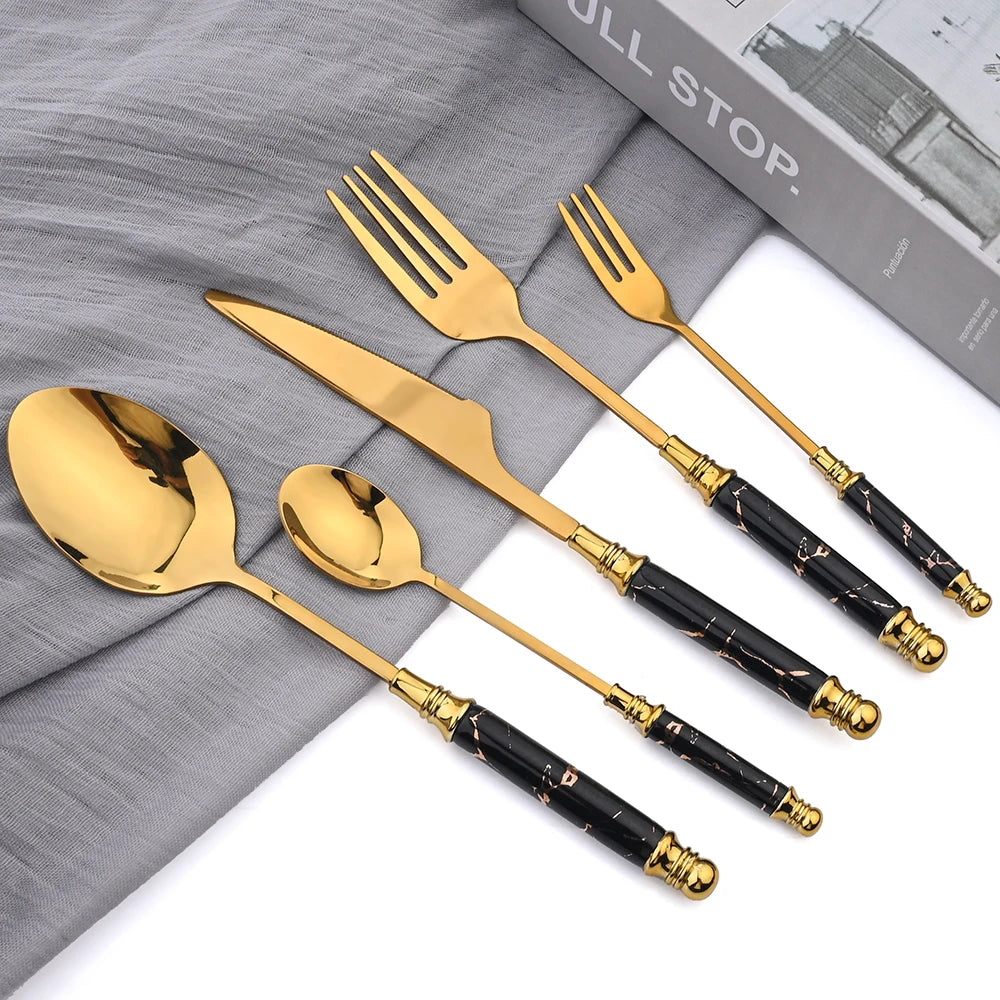 AJOYOUS 24/30Pcs Dinnerware Stainless Steel Ceramic Knife Cake Fork Tea Spoon Dinnerware Set Dinner Tableware Set Flatware