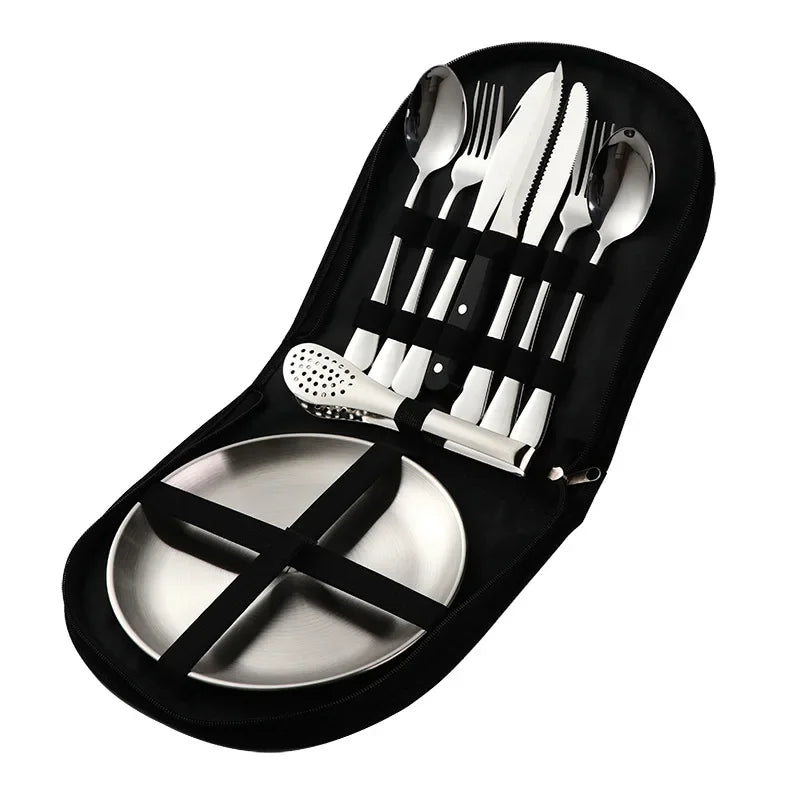 9/10Pcs Camping Tableware Set 304 Stainless Steel Picnic Cutlery Set With Tableware Storage Bag Portable Picnic Set