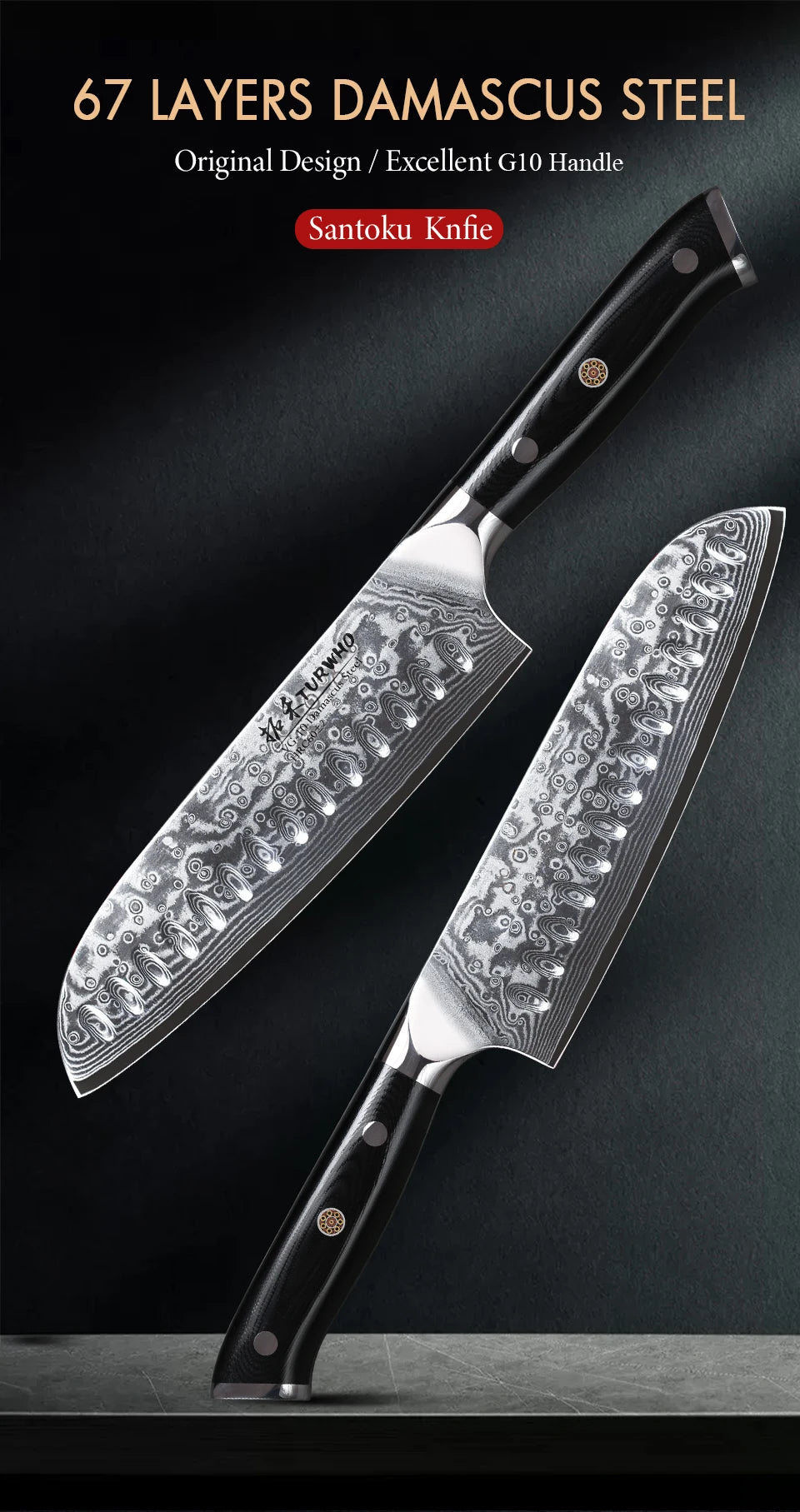 TURWHO 7" Japanese Style Santoku Knife Damascus Steel Professional Chef Knife Slicing Meat Cleaver Beef Kitchen Cooking Tools
