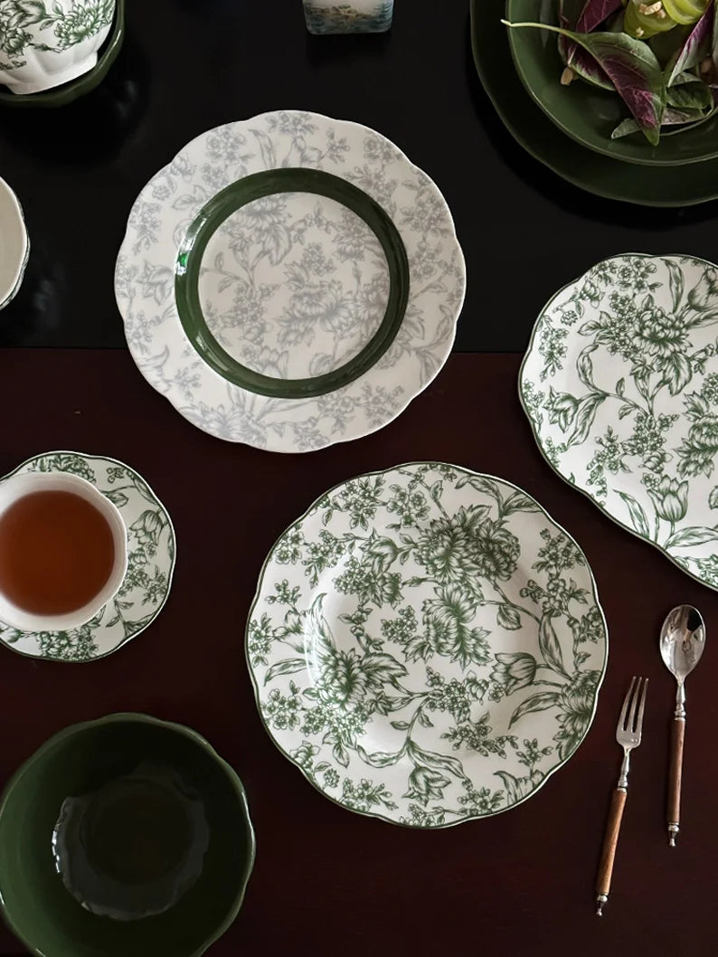 French Style Retro Green Ceramic Tableware Set Rainforest Series Dessert Plate Bowl Fish Dishes Home Cafe Afternoon Tea Mug Dish