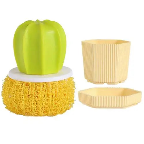 Dish washing scrubbers with cactus-shaped handle and detachable cleaning sponges in green and yellow colors.