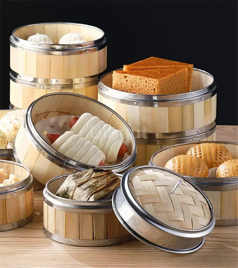 Bamboo Food Steamer basket with Stainless Steel Banding No Lid Bun Steaming Basket Dumplings DimSum Cage Cooker Kitchen Gadget