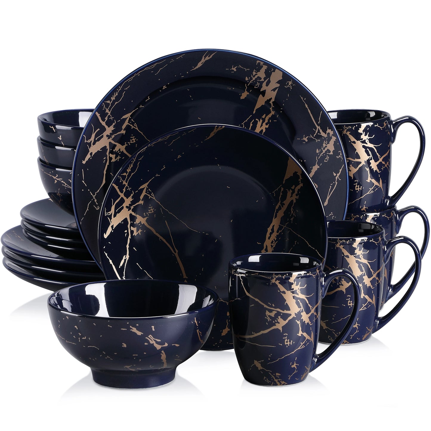 LOVECASA 16/32/48 Piece black blue Procelain Dinnerware Set Design By Gold Splash with Dinner Plate,Cake plate,Bowls,Coffee Cups