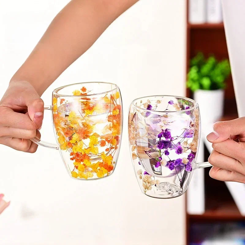 350ml Creative Double High borosilicate Glass Mugs with Handle Heat insulation Flower Milk Coffee Cups Home Water Cup Supplies