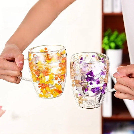 350ml Creative Double High borosilicate Glass Mugs with Handle Heat insulation Flower Milk Coffee Cups Home Water Cup Supplies