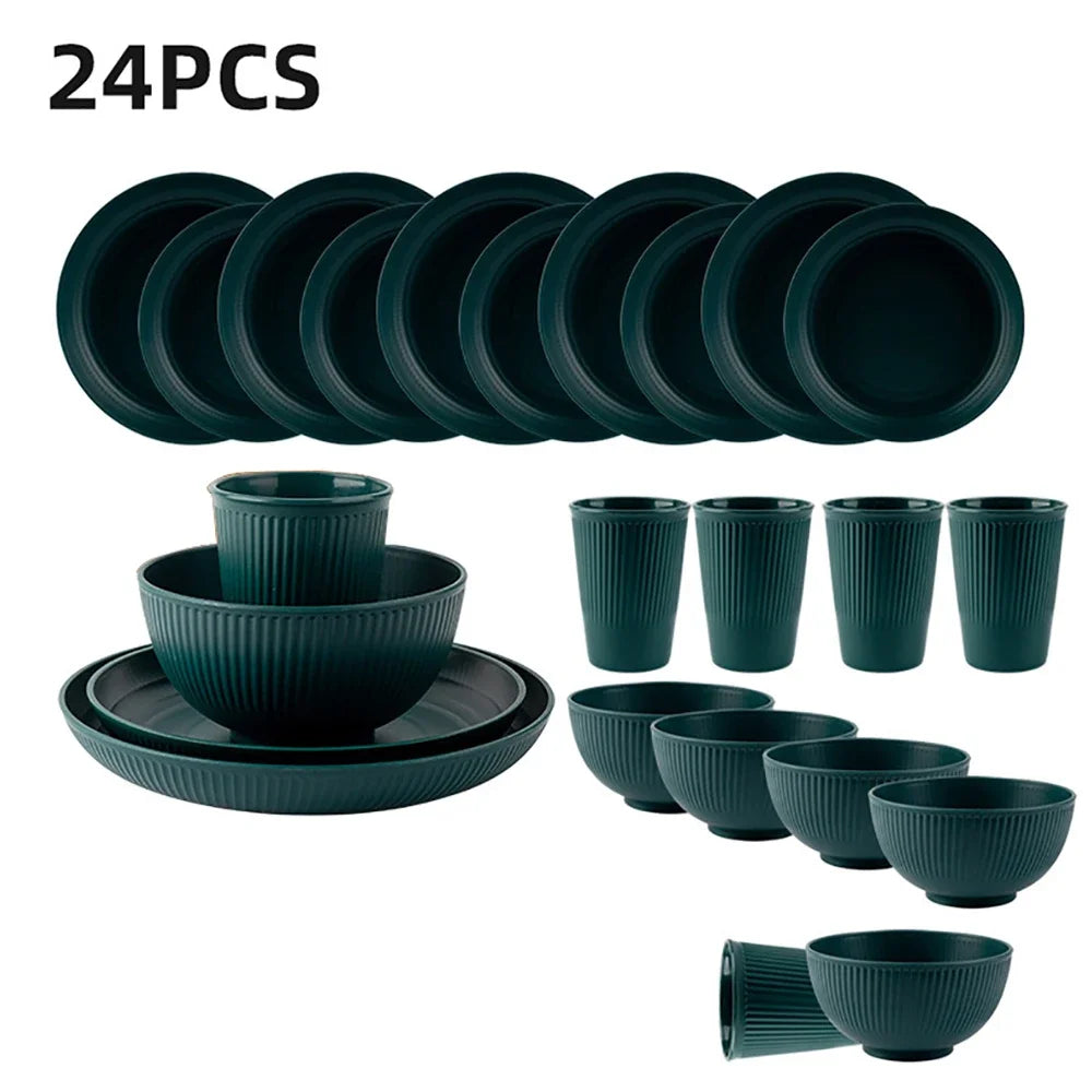 24Pcs/Set Black Unbreakable Dinner Plates Cup Wheat Straw Dinnerware Sets Microwave Dishwasher Safe Reusable Tableware Set