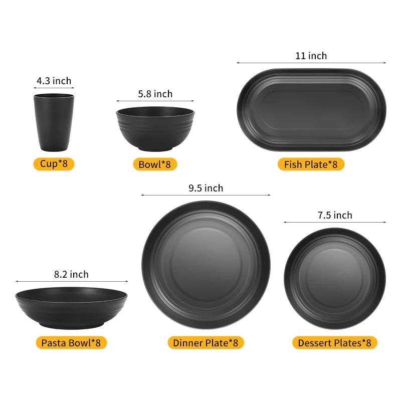 24pcs Plastic cutlery set dishes, plates, cups, black dinner plates gift set for outdoor camping