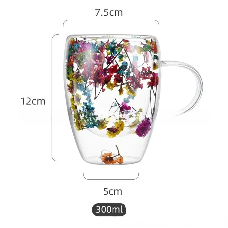 350ml Creative Double High borosilicate Glass Mugs with Handle Heat insulation Flower Milk Coffee Cups Home Water Cup Supplies