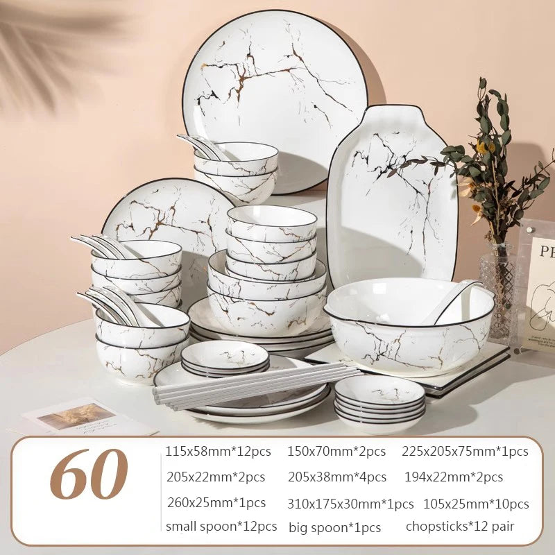 Black Border Ceramic Dishes and Plates Sets, Creative Marble Dinner Plate, Nordic Round Dessert Dishes, Household Tableware