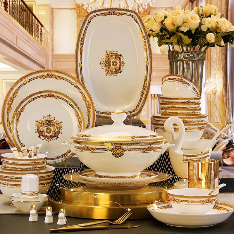 Gold Bone China Dinnerware Sets Ceramics Kitchen Gift Luxury Christmas Dinner Sets Wedding Party Vajillas Ceramica Dishes