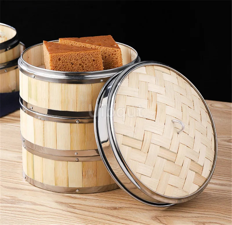 Bamboo Food Steamer basket with Stainless Steel Banding No Lid Bun Steaming Basket Dumplings DimSum Cage Cooker Kitchen Gadget