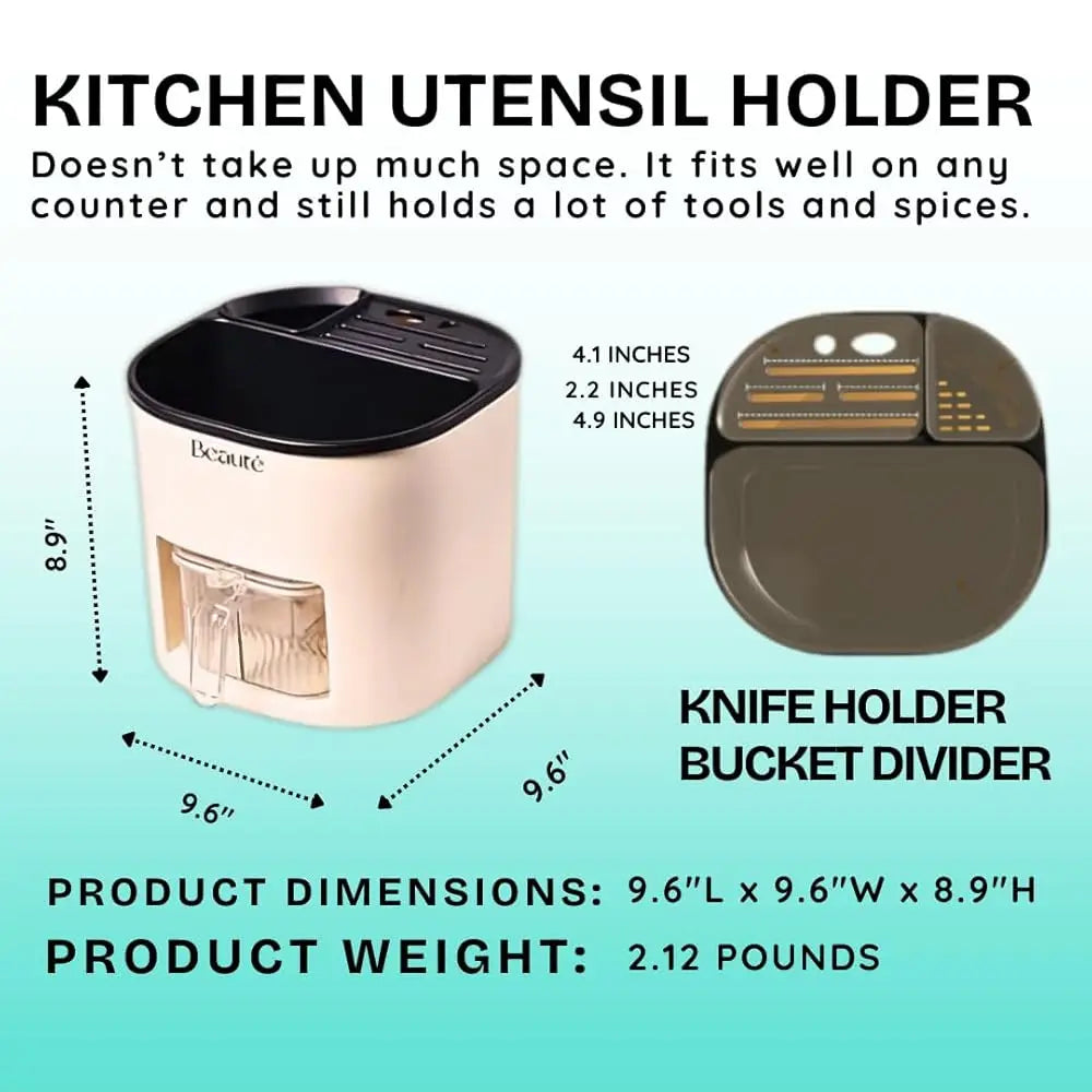 Cream Rotating Kitchen Utensil Holder – Multi-Purpose Countertop Organizer for Seasonings, Spices & Cutlery