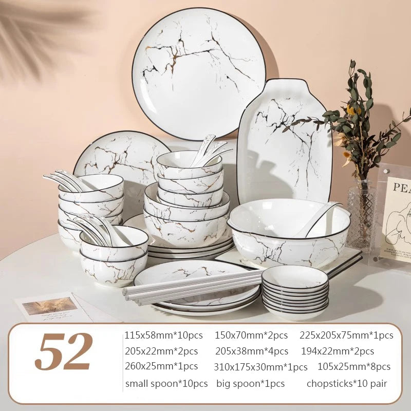 Black Border Ceramic Dishes and Plates Sets, Creative Marble Dinner Plate, Nordic Round Dessert Dishes, Household Tableware